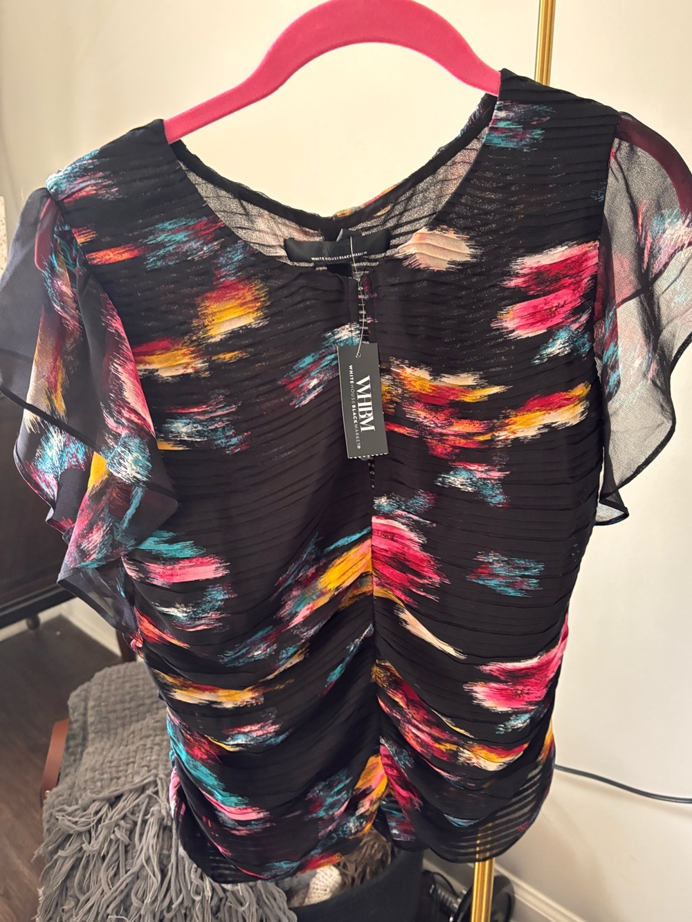 WHBM blouse black floral with zipper NWT M